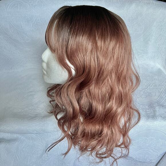 Wavy Medium Brown Purple Dark Roots Ombre Everyday Cosplay Wig with Wispy Bangs - Picture 1 of 8